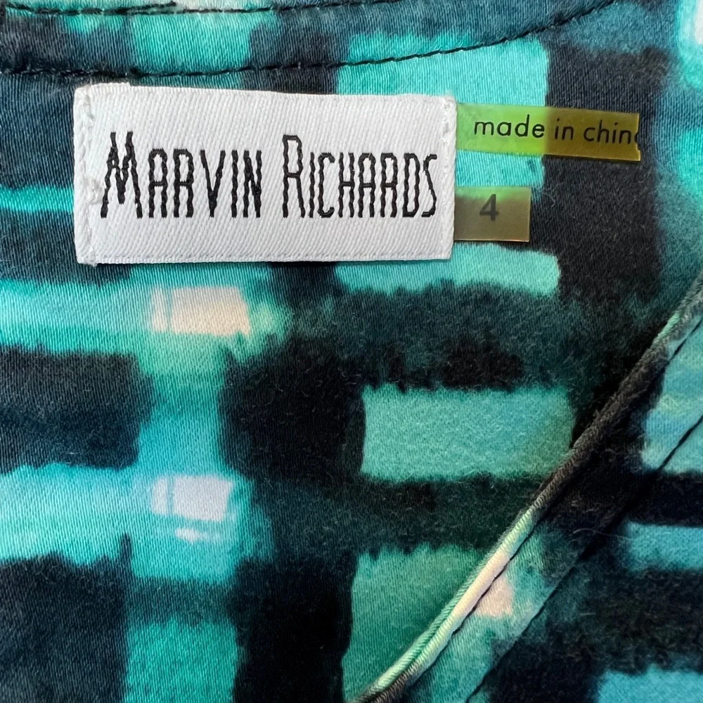 Marvin Richards Cotton Sheath Dress Teal Abstract Print Utility Pockets Size 4 - Picture 4 of 13
